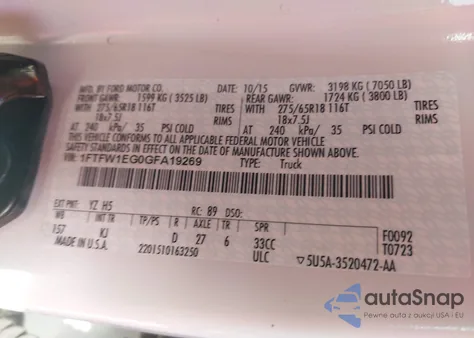 2016 Ford F150 Supercrew z USA, uszkodzony, nr VIN 1FTFW1EG0GFA19269